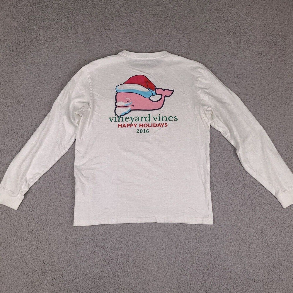 Vineyard Vines T-Shirt Mens Small White Happy Holidays 2016 Santa Whale X-Mas